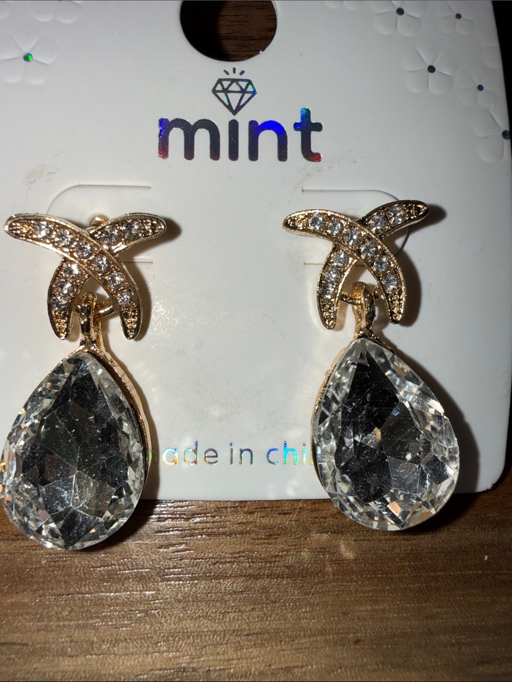 Mint Gold and Clear Teardrop Crystal Drop Earrings